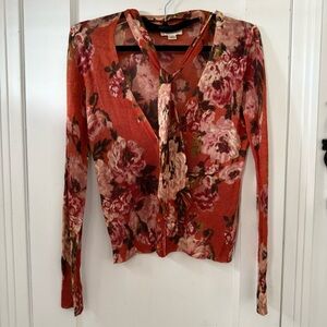 Floral Women's Button Sweater in Orange and Pink size M